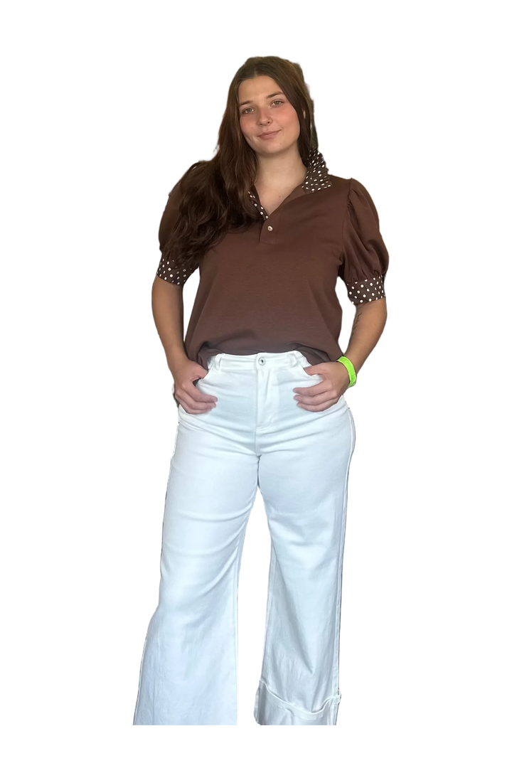 Entro Polka Dot Trim Puff Sleeve Top – Black or Brown
