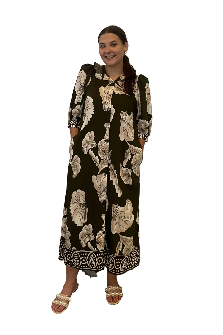 Entro Olive Floral Button-Front Maxi Dress