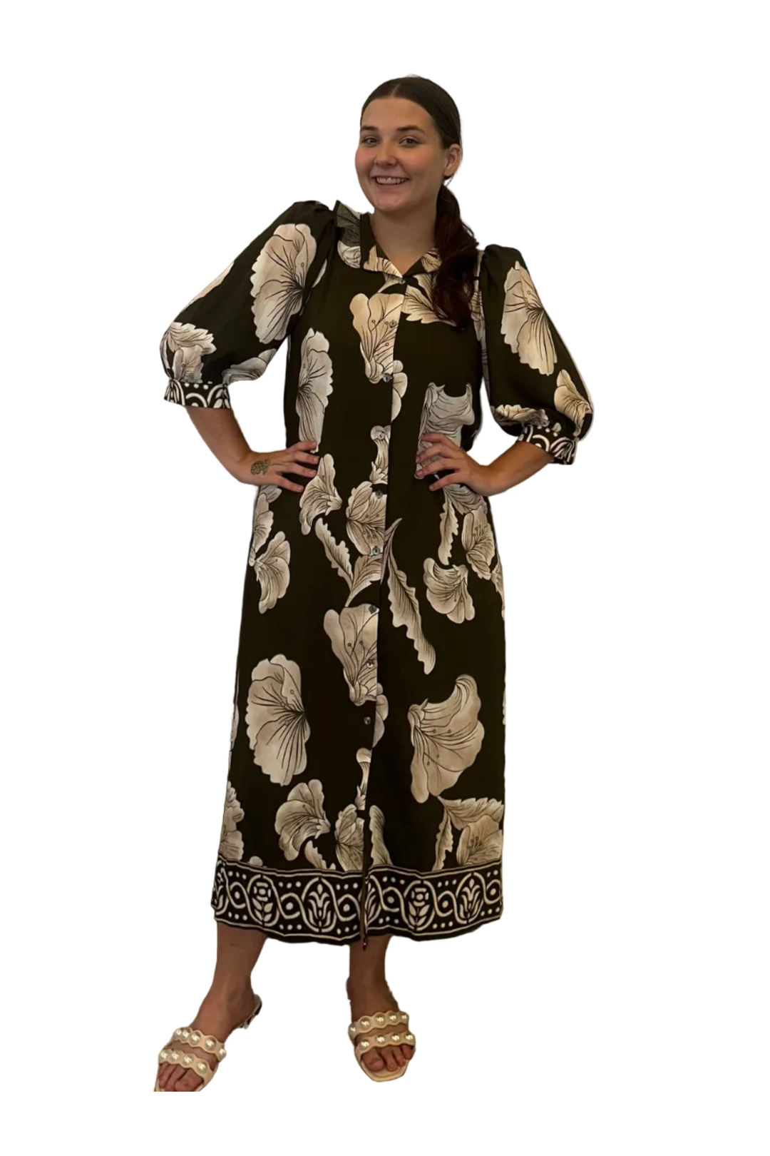 Entro Olive Floral Button-Front Maxi Dress