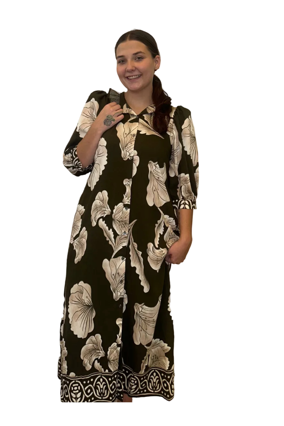 Entro Olive Floral Button-Front Maxi Dress