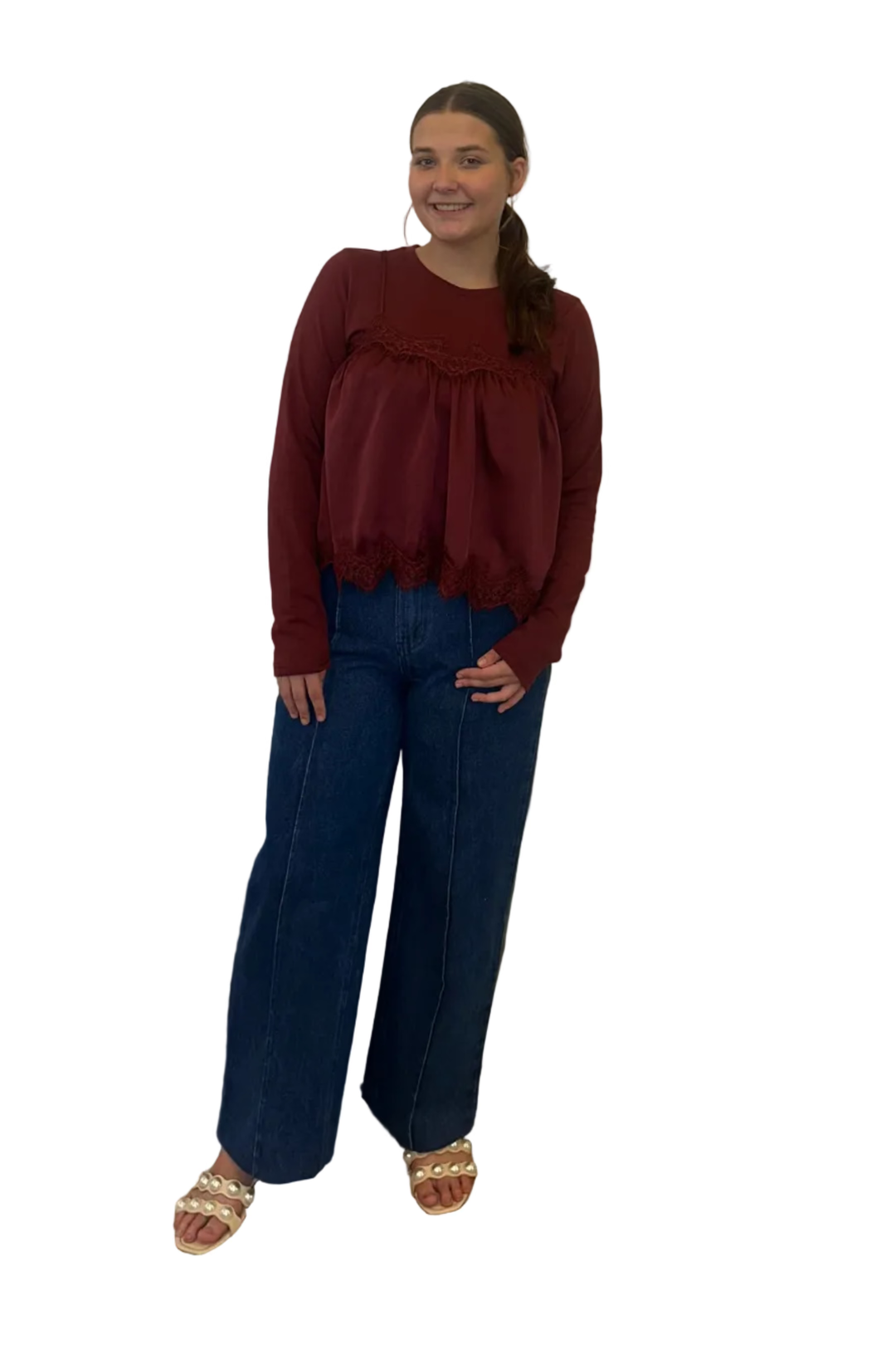Entro Burgundy Scalloped Hem Long Sleeve Blouse