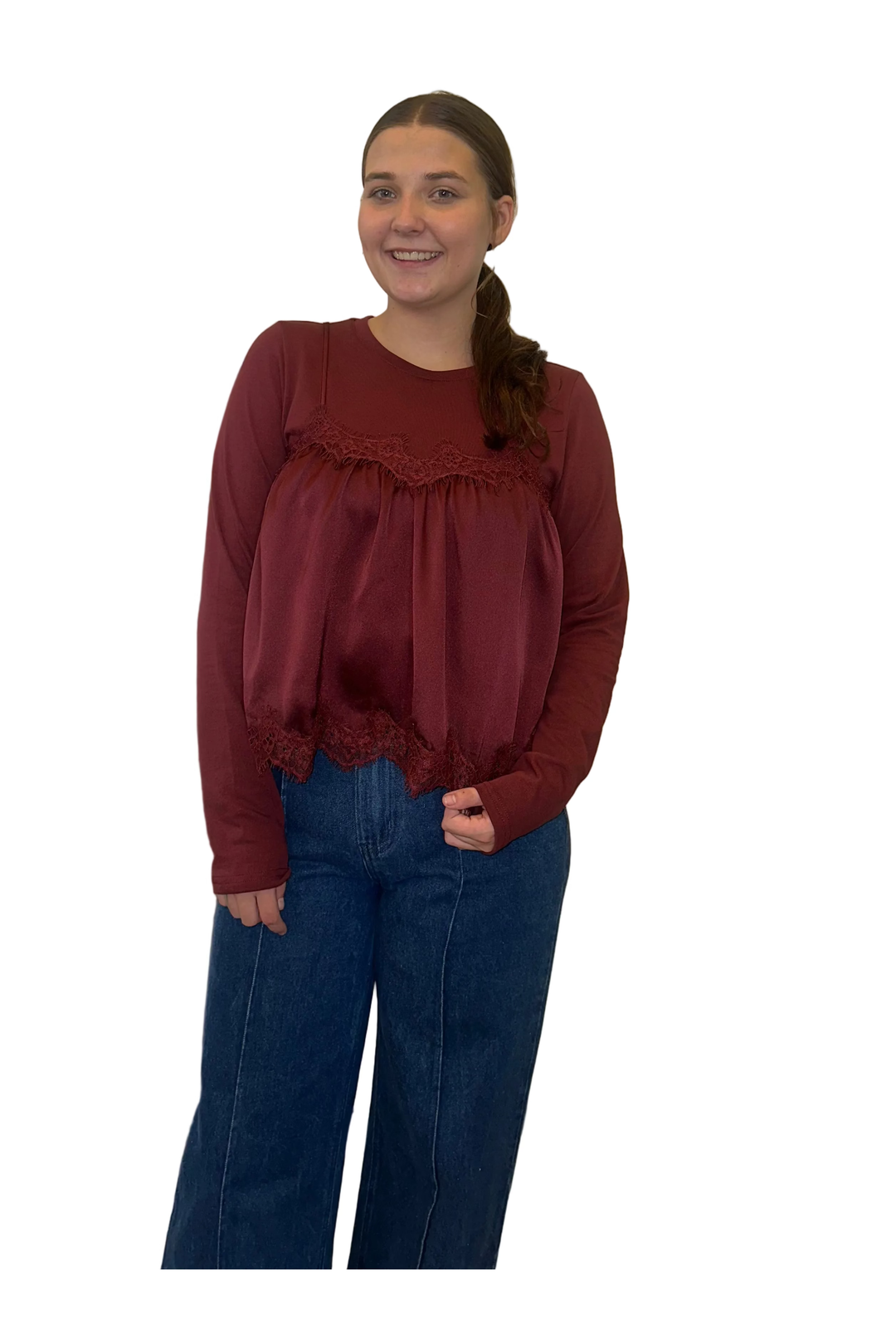 Entro Burgundy Scalloped Hem Long Sleeve Blouse
