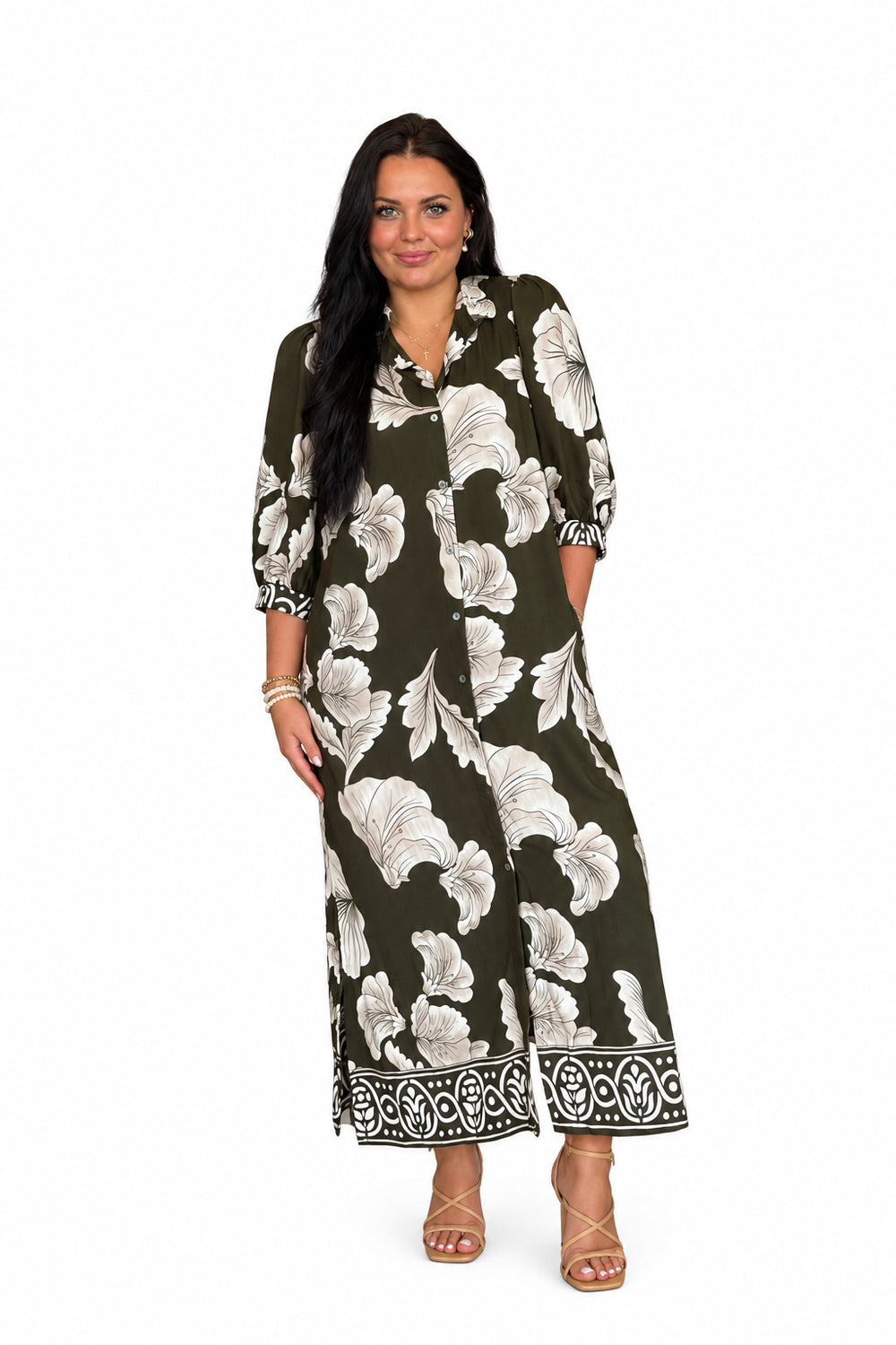 Entro Olive Floral Button-Front Maxi Dress - Vintage Dragonfly Boutique