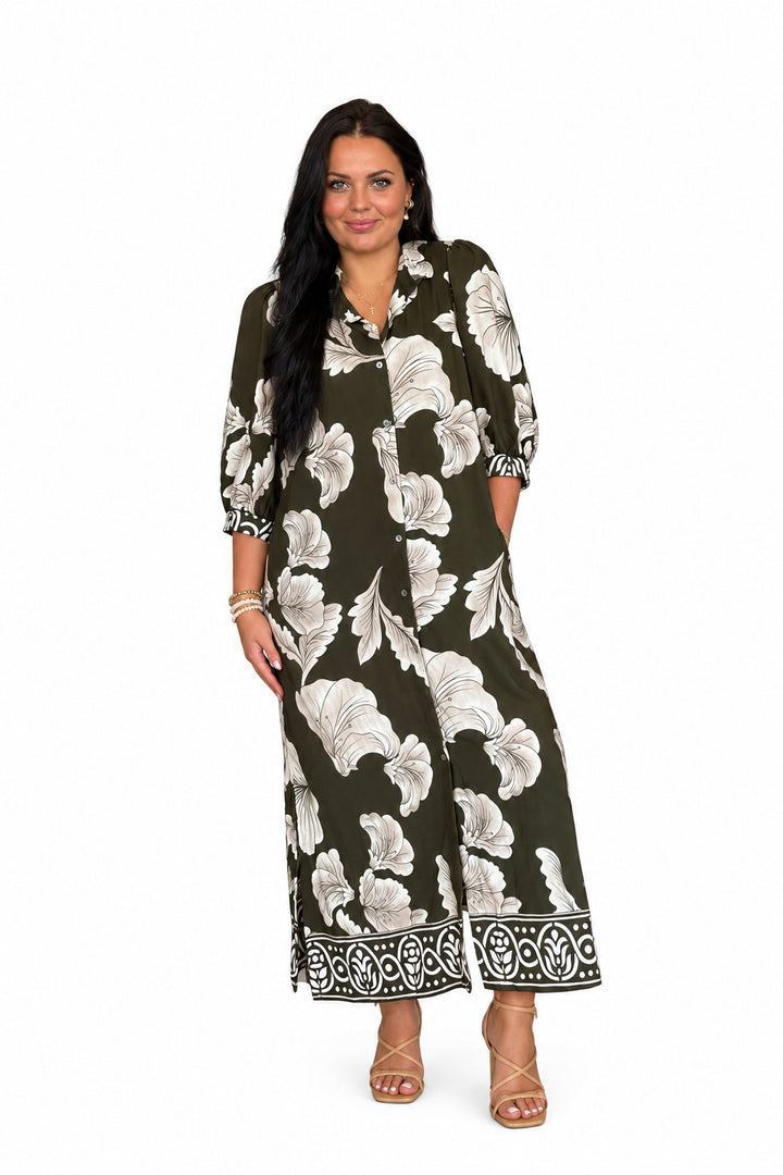 Entro Olive Floral Button-Front Maxi Dress - Vintage Dragonfly Boutique
