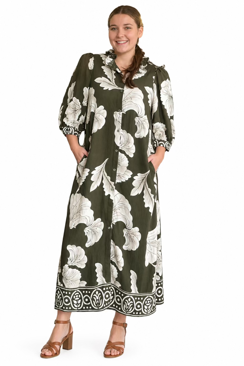 Entro Olive Floral Button-Front Maxi Dress - Vintage Dragonfly Boutique