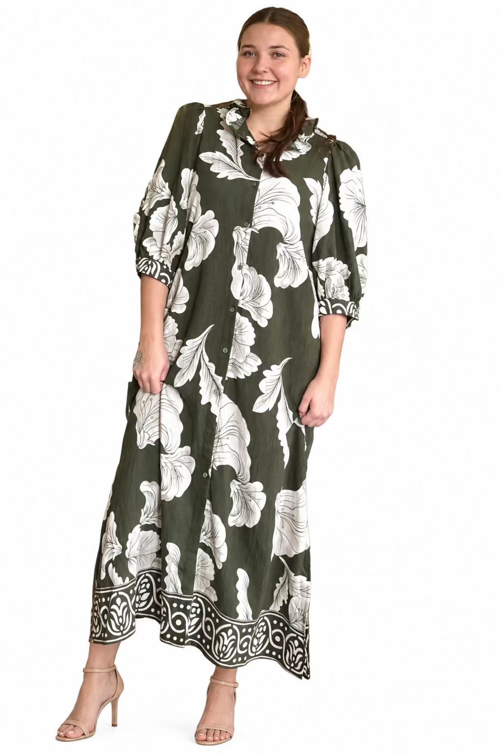 Entro Olive Floral Button-Front Maxi Dress - Vintage Dragonfly Boutique