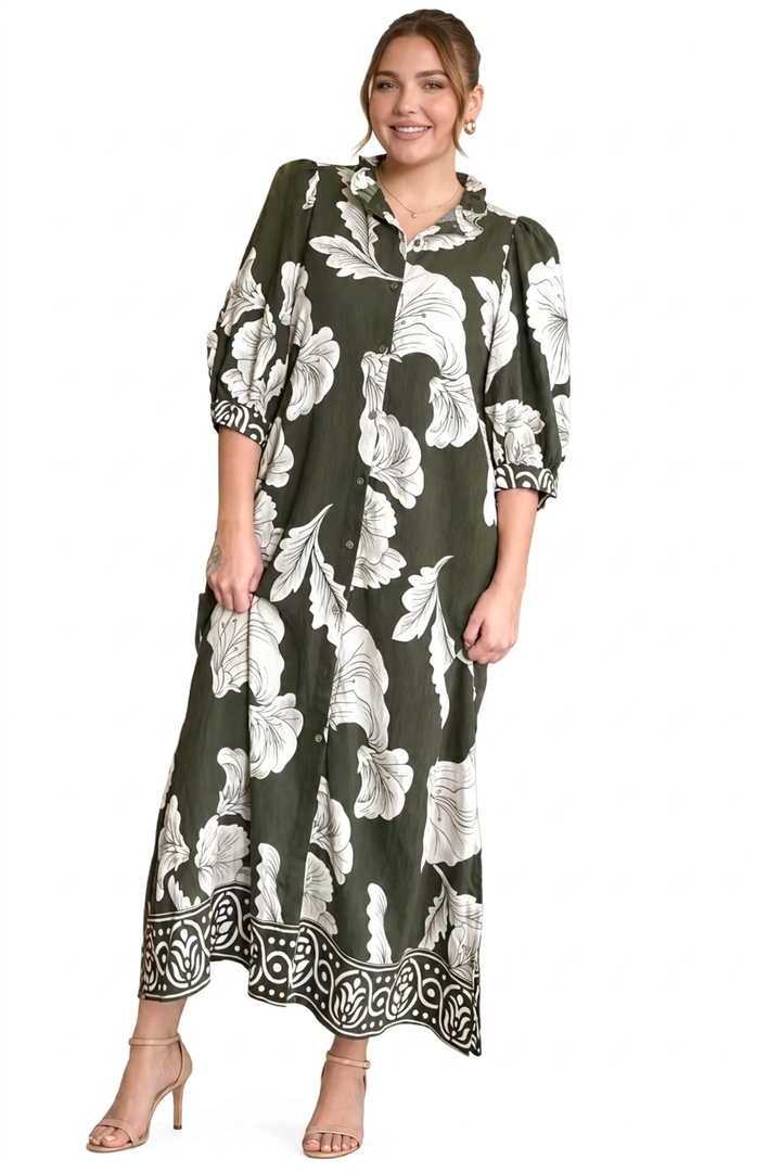 Entro Olive Floral Button-Front Maxi Dress