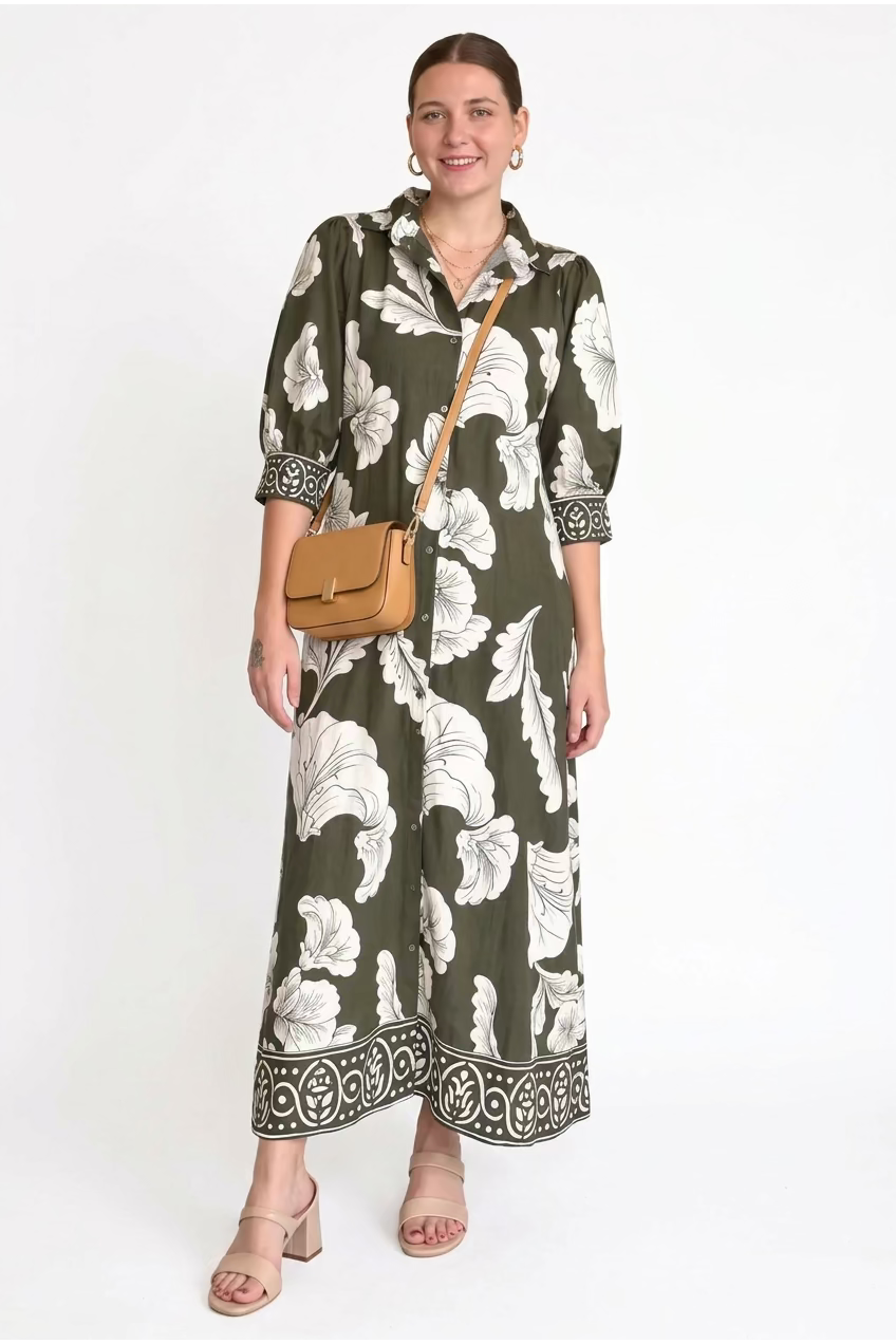 Entro Olive Floral Button-Front Maxi Dress - Vintage Dragonfly Boutique