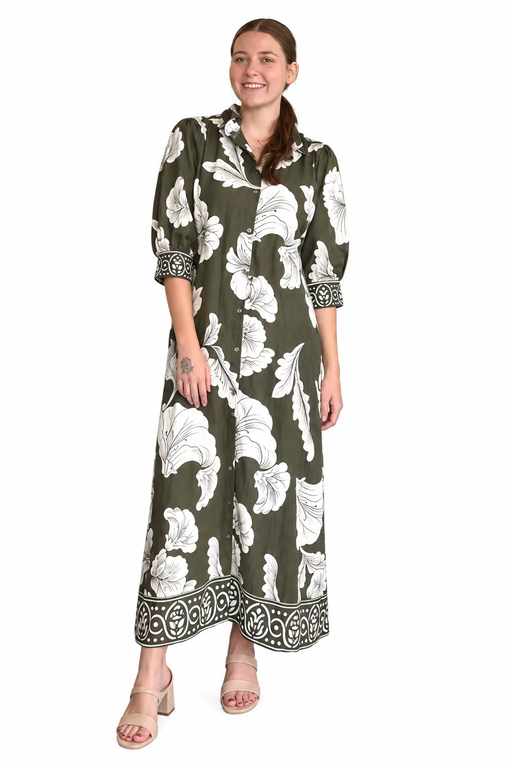 Entro Olive Floral Button-Front Maxi Dress - Vintage Dragonfly Boutique