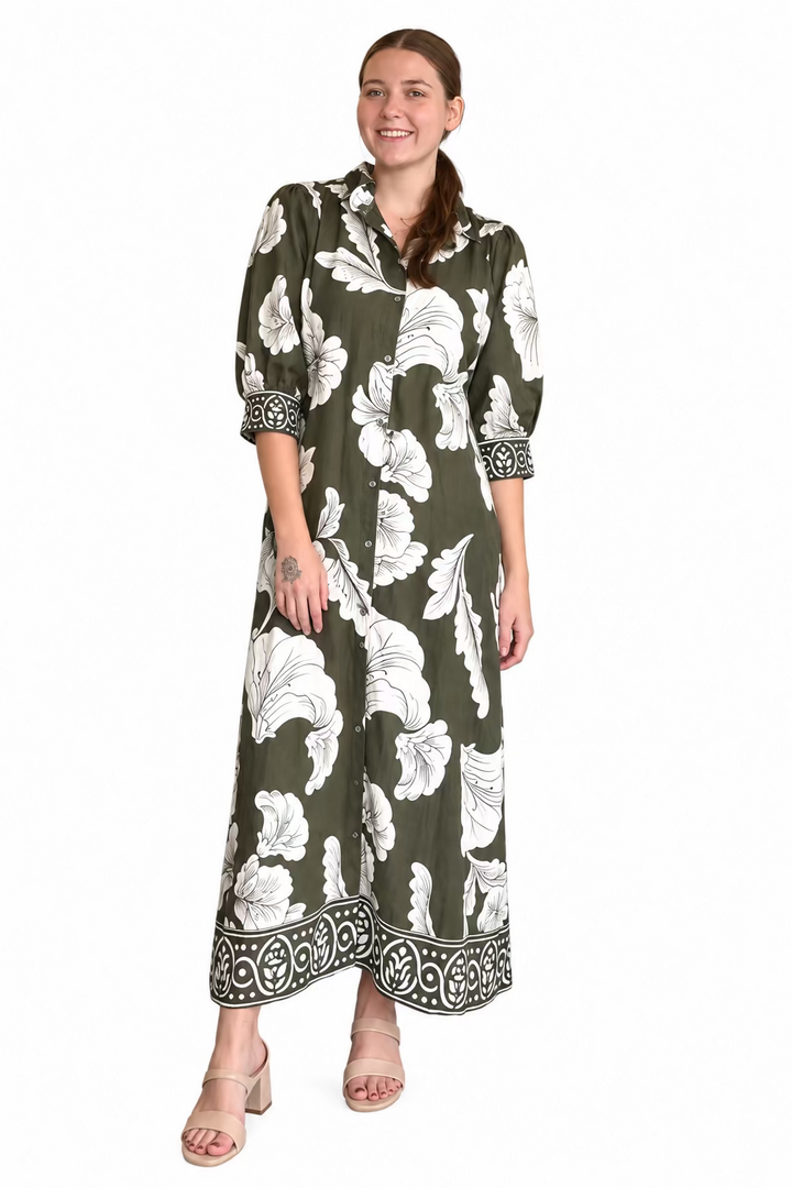 Entro Olive Floral Button-Front Maxi Dress - Vintage Dragonfly Boutique