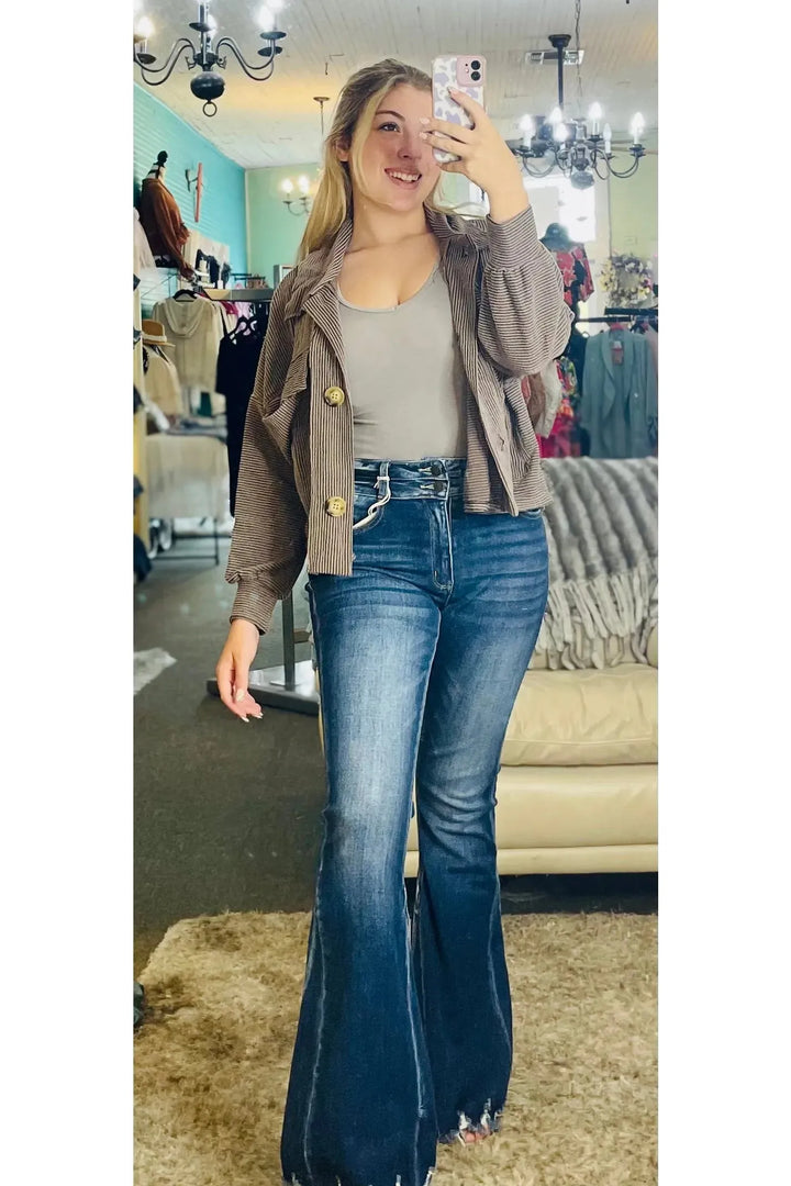 Solid Soft Ribbed Cropped Shacket - Vintage Dragonfly
