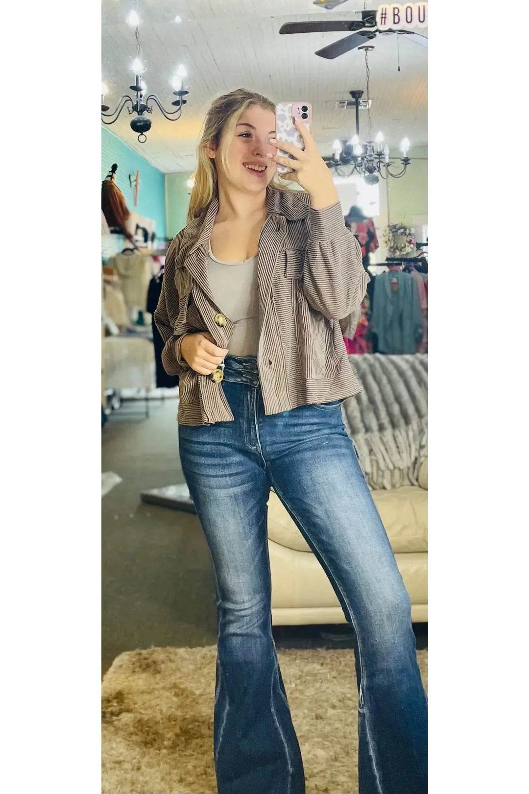 Solid Soft Ribbed Cropped Shacket - Vintage Dragonfly