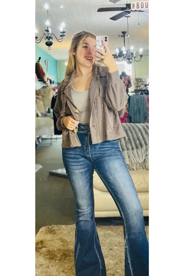Solid Soft Ribbed Cropped Shacket - Vintage Dragonfly