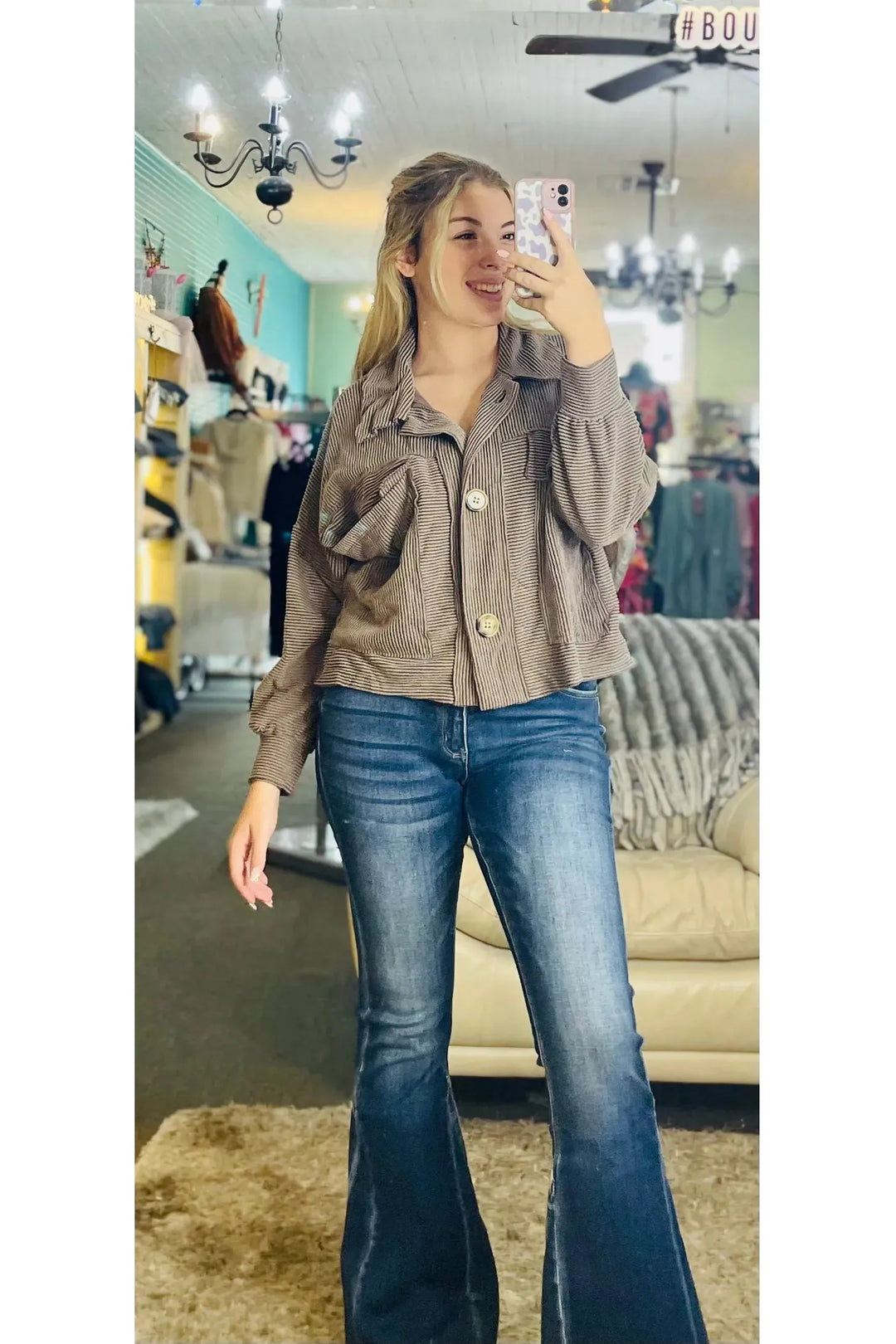 Solid Soft Ribbed Cropped Shacket - Vintage Dragonfly