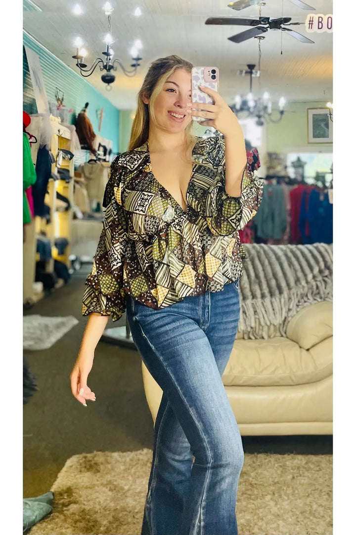 Olive Multi Patchwork Flowy Top - Vintage Dragonfly