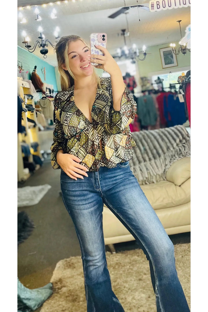 Olive Multi Patchwork Flowy Top - Vintage Dragonfly