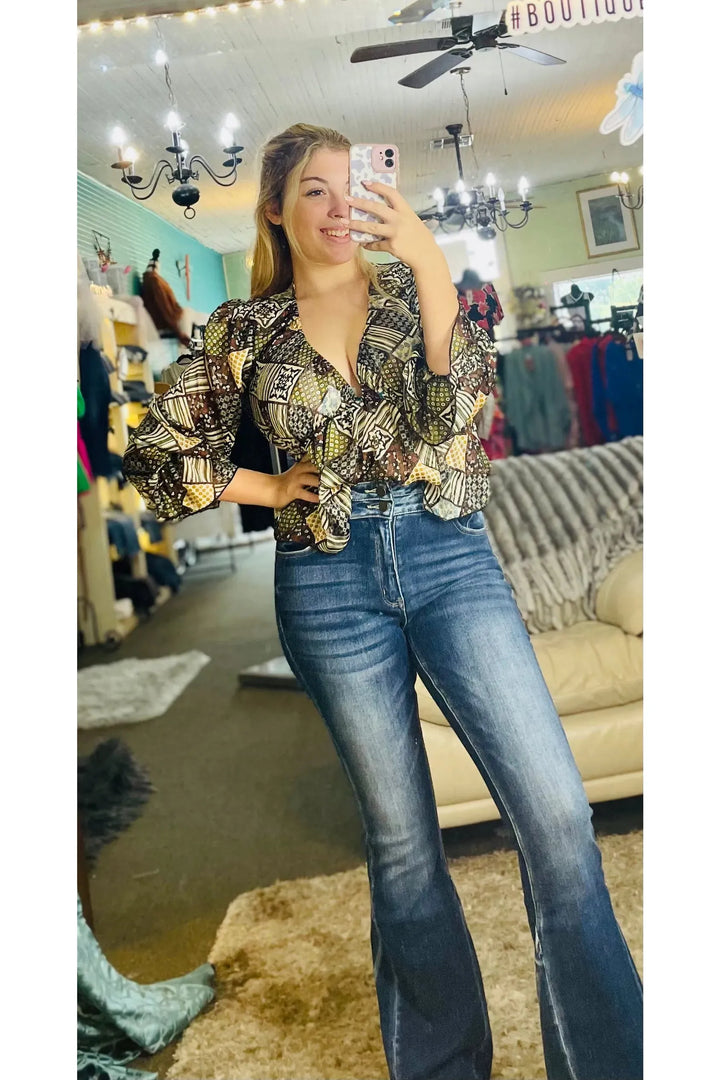 Olive Multi Patchwork Flowy Top - Vintage Dragonfly