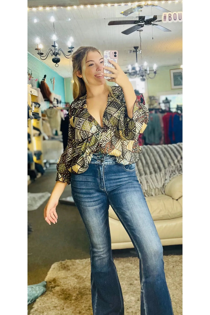 Olive Multi Patchwork Flowy Top - Vintage Dragonfly