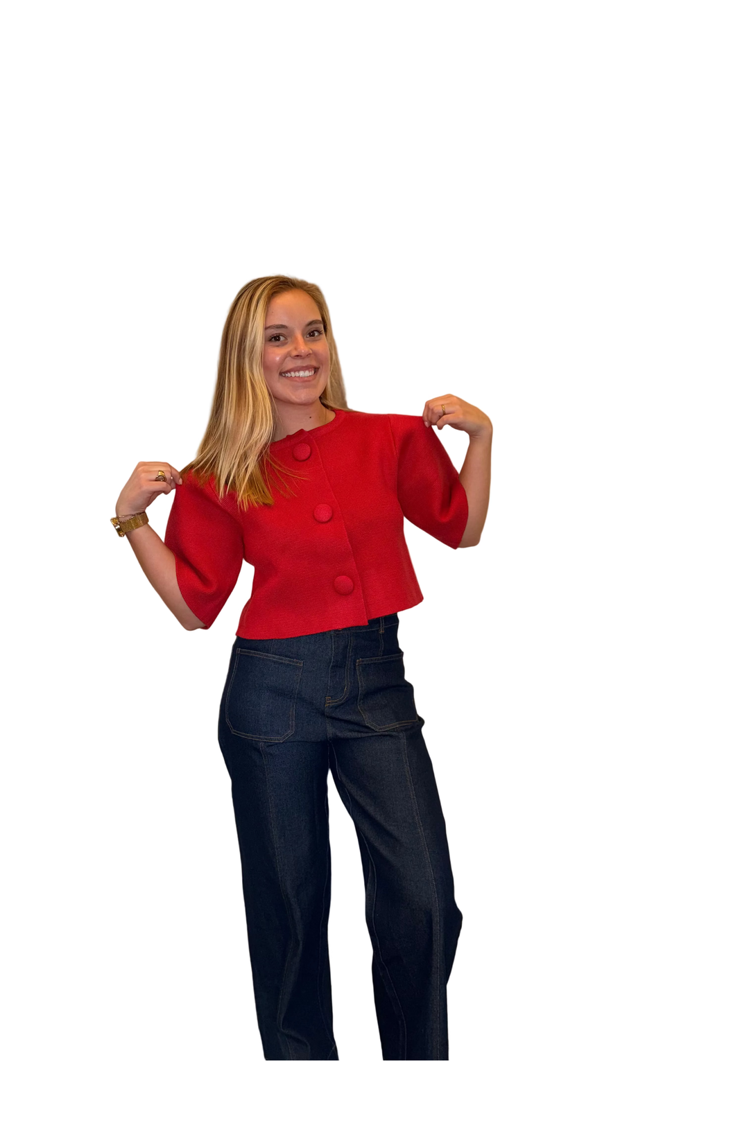 Entro Red Short Sleeve Button Front Cardigan