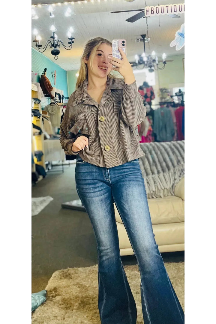Solid Soft Ribbed Cropped Shacket - Vintage Dragonfly
