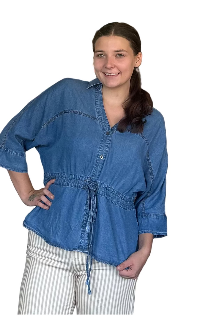 Entro Dark Denim Drawstring Waist Peplum Top - Vintage Dragonfly Boutique