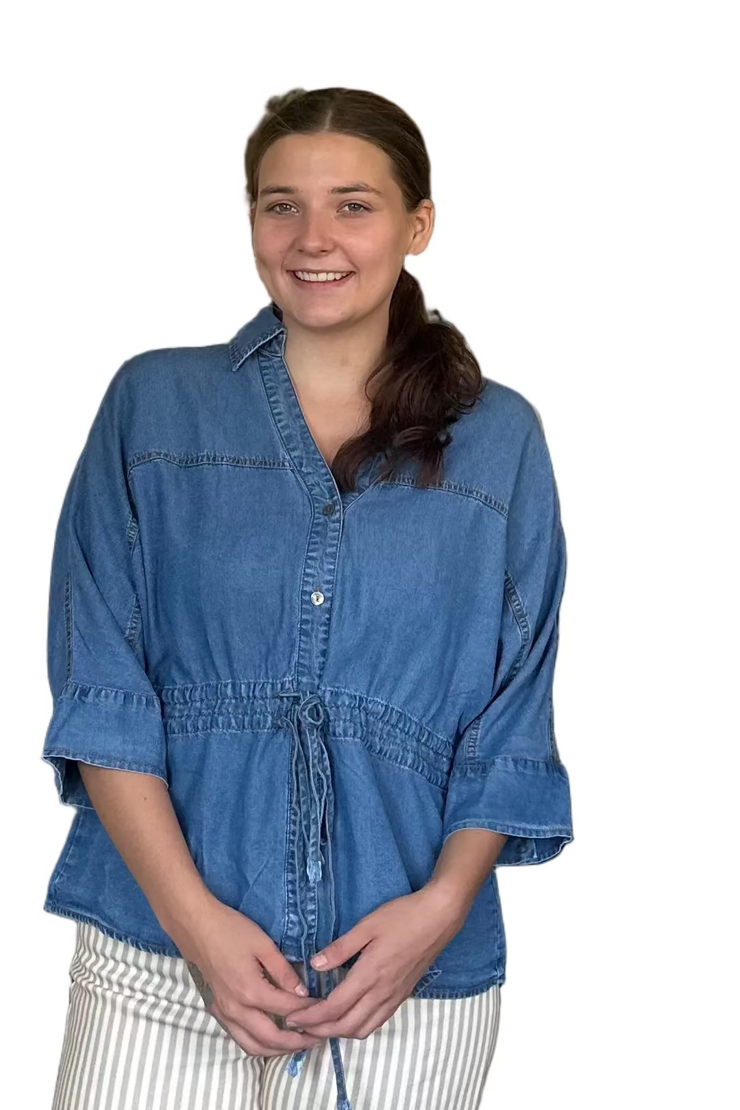 Entro Dark Denim Drawstring Waist Peplum Top - Vintage Dragonfly Boutique