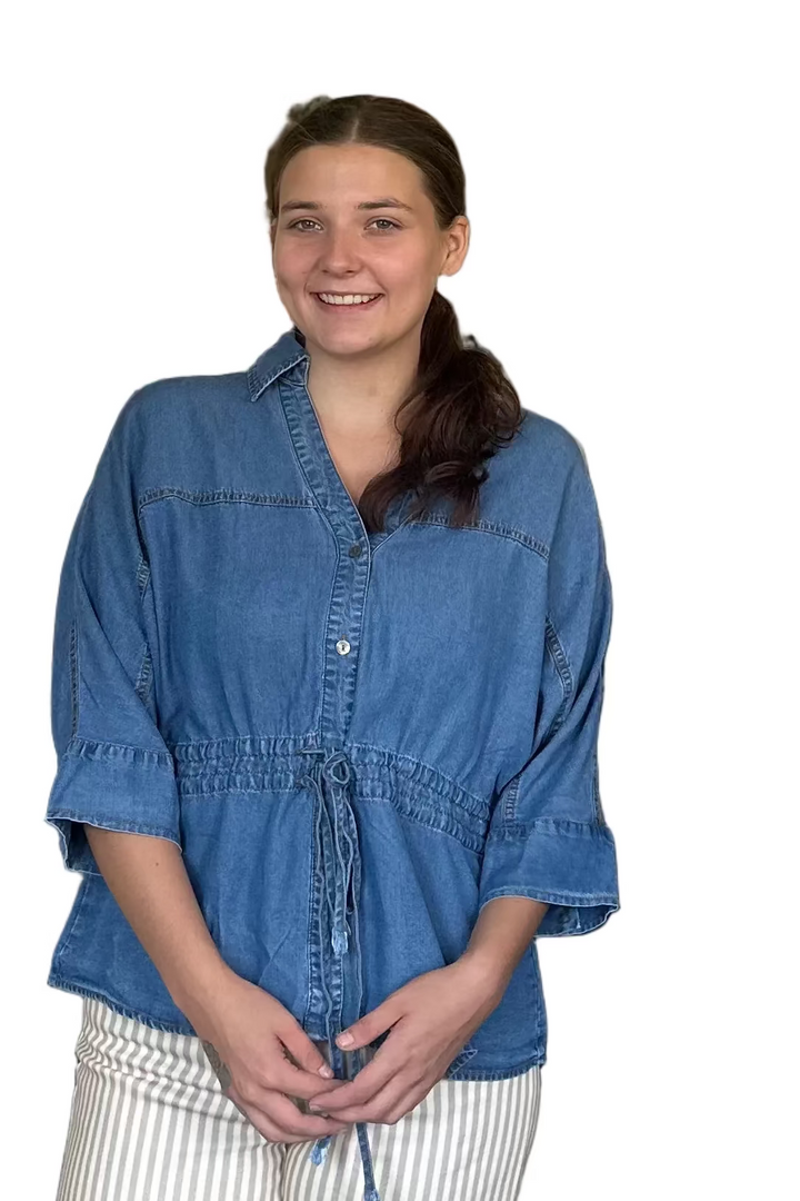 Entro Dark Denim Drawstring Waist Peplum Top - Vintage Dragonfly Boutique