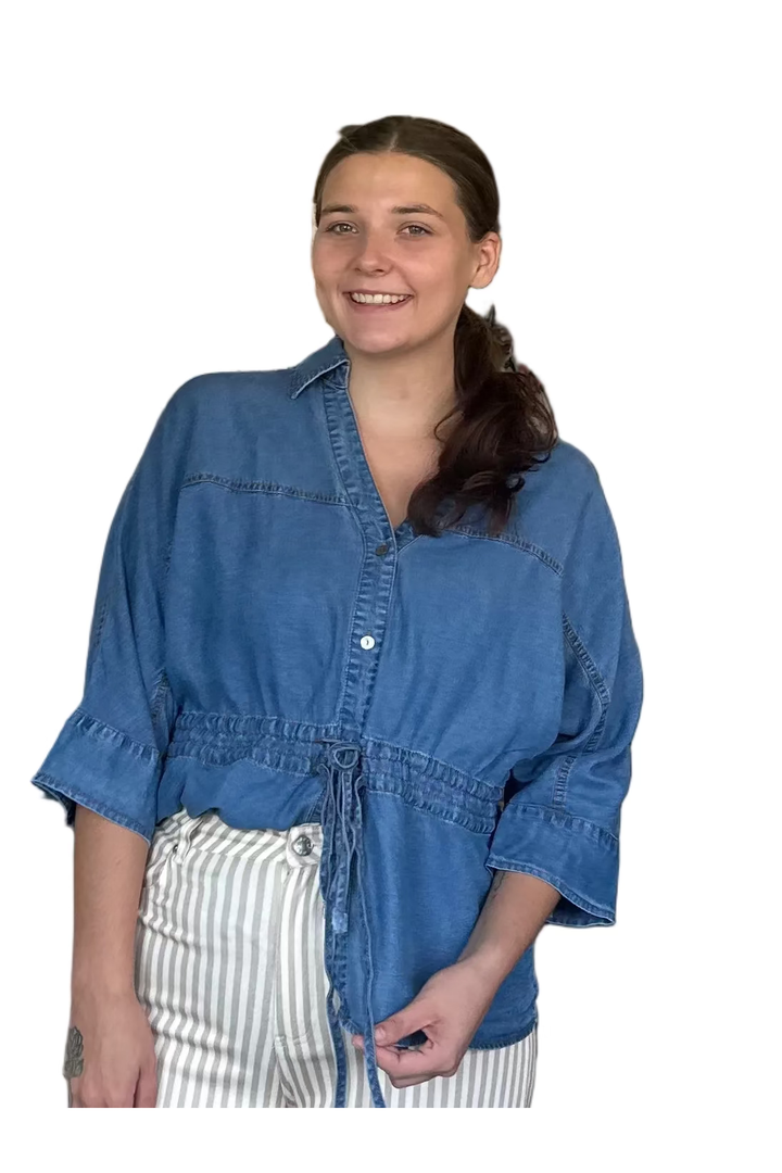 Entro Dark Denim Drawstring Waist Peplum Top - Vintage Dragonfly Boutique