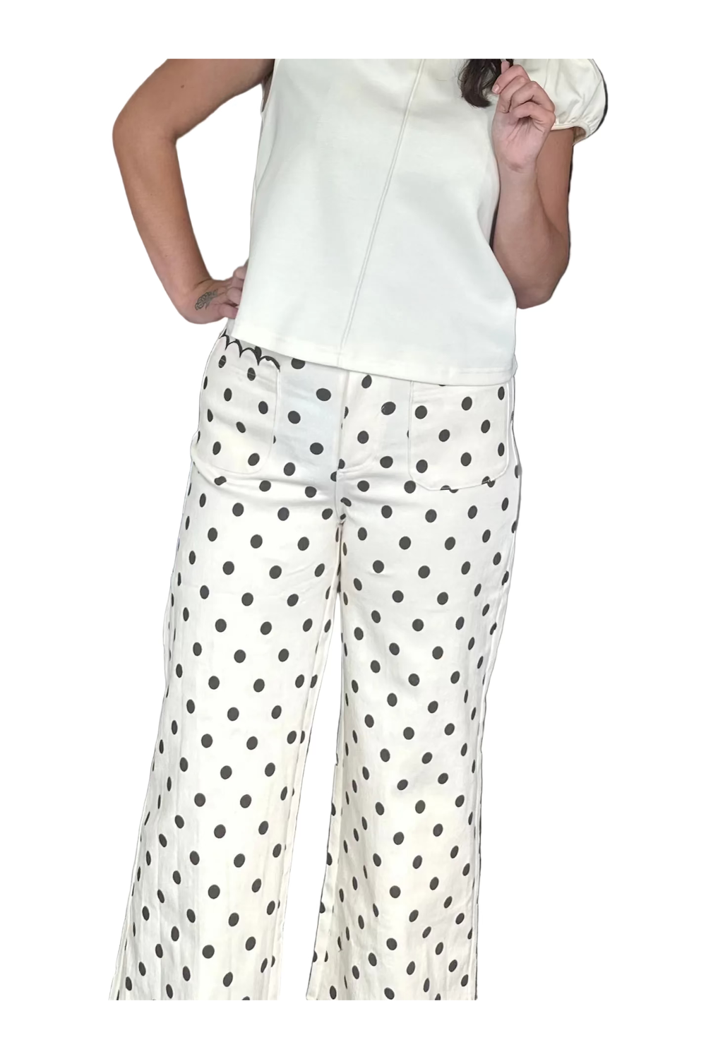 Entro Ecru Polka Dot Wide Leg Pan - Vintage Dragonfly Boutique