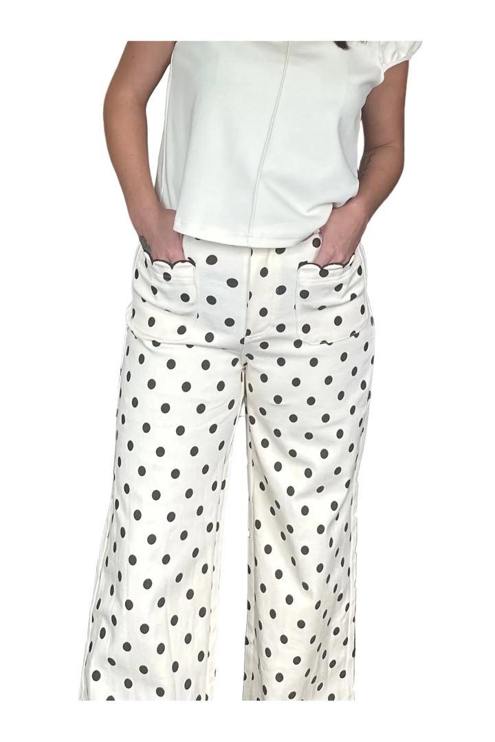 Entro Ecru Polka Dot Wide Leg Pan - Vintage Dragonfly Boutique