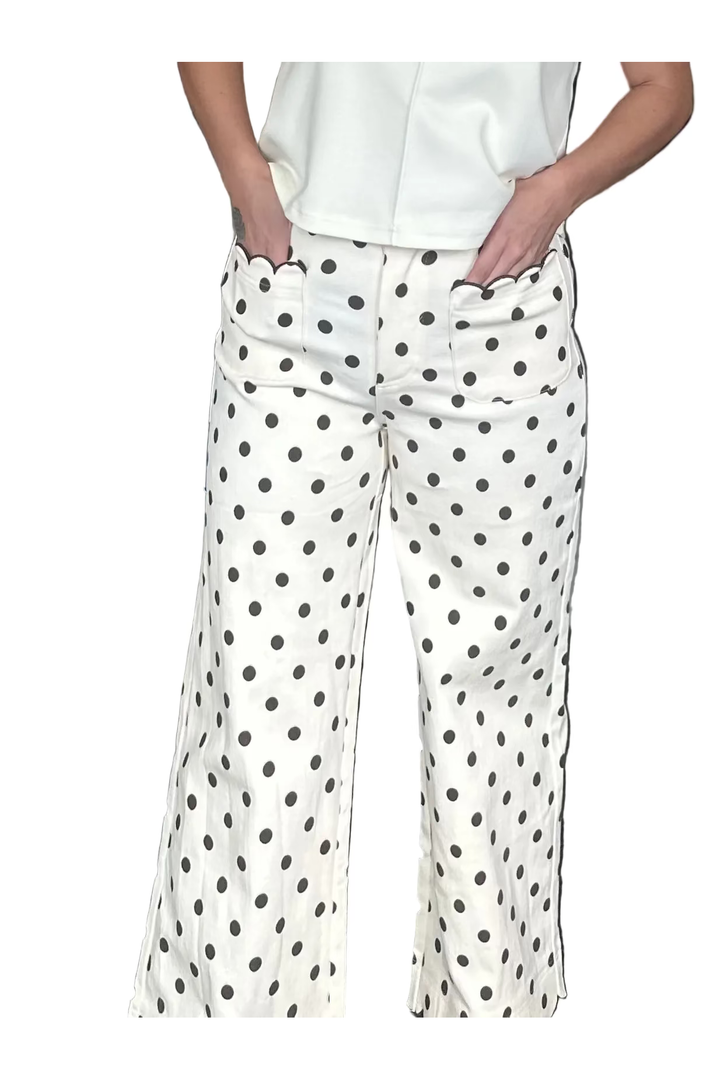 Entro Ecru Polka Dot Wide Leg Pan - Vintage Dragonfly Boutique