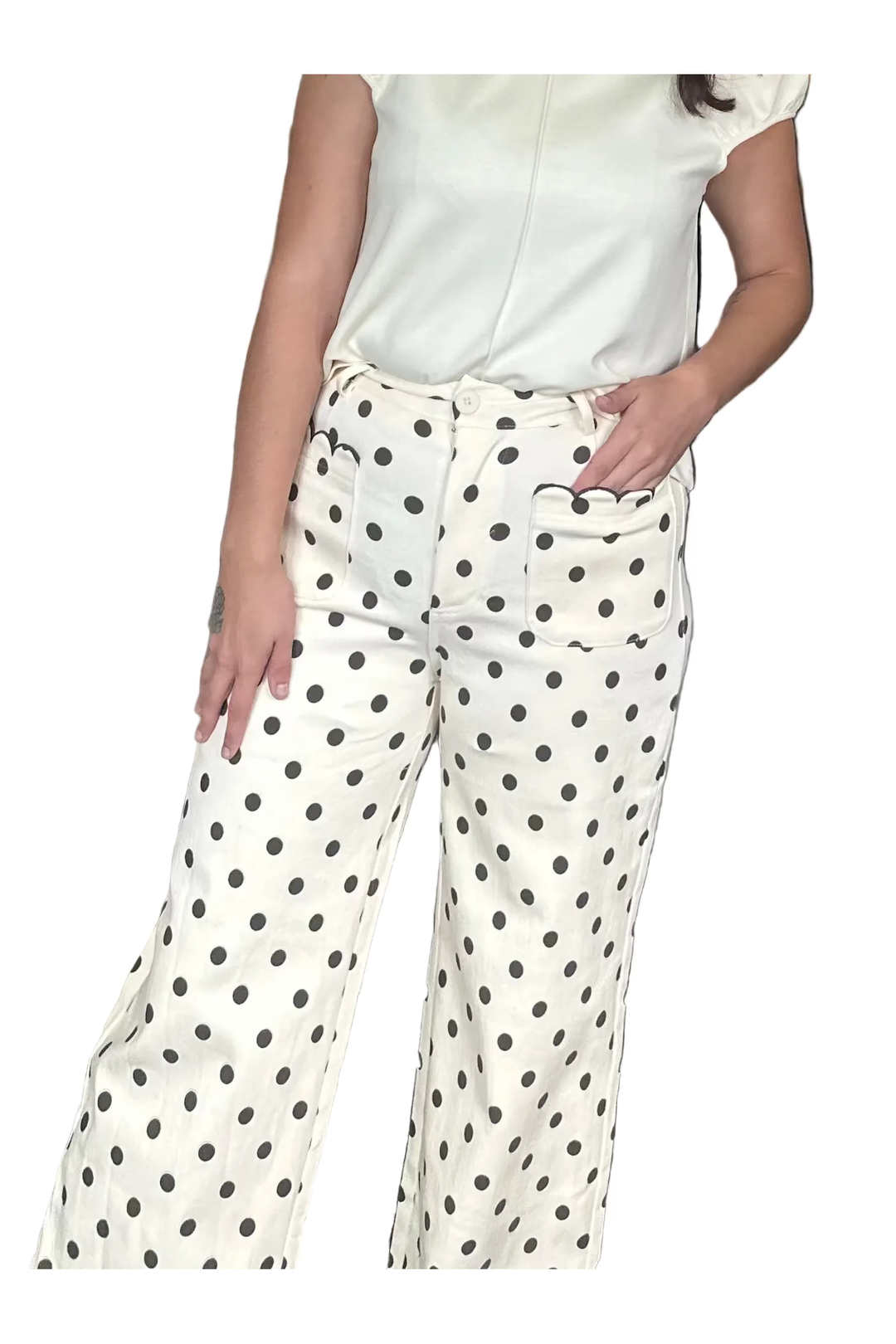 Entro Ecru Polka Dot Wide Leg Pan - Vintage Dragonfly Boutique
