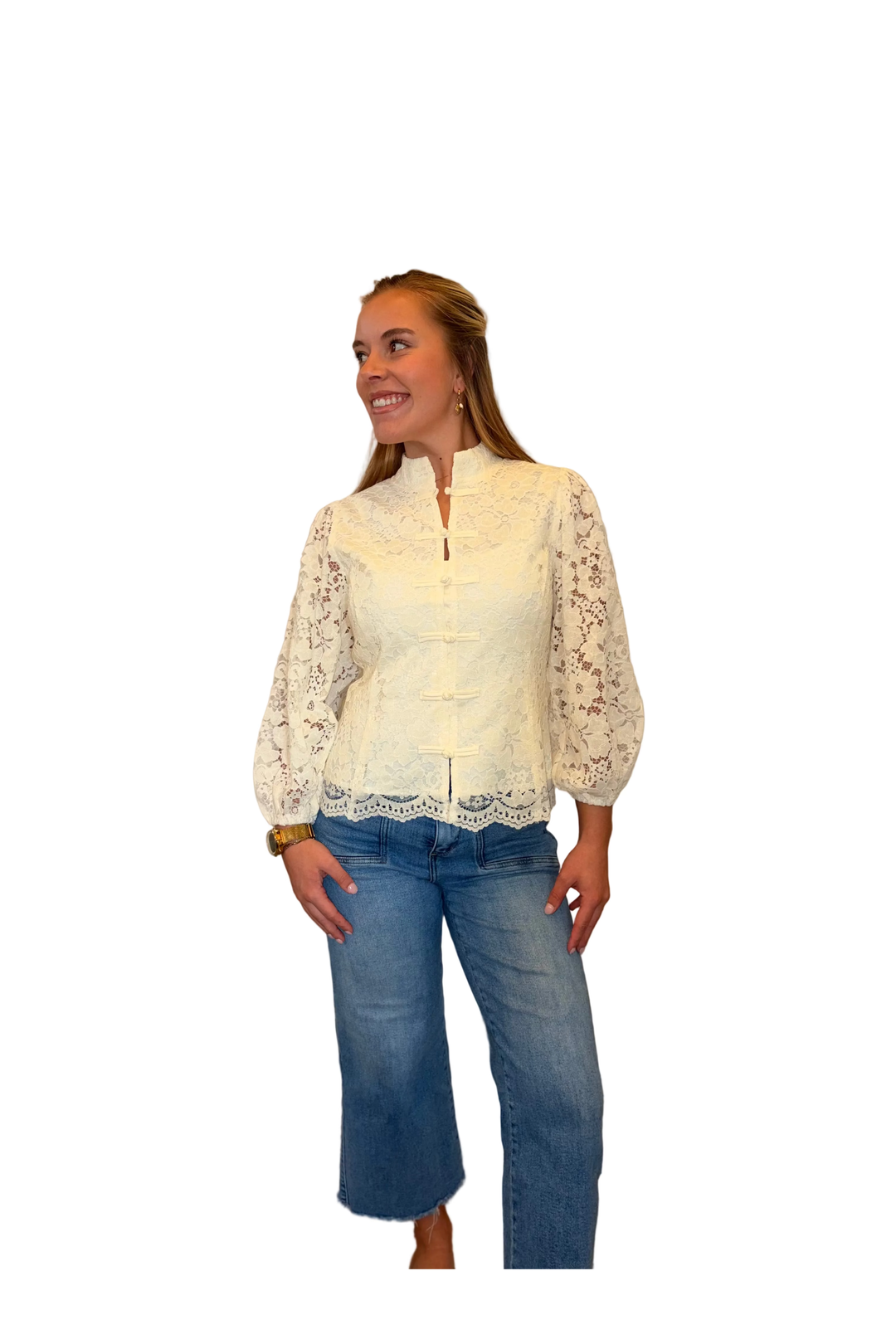Entro Ivory Floral Lace Blouse with Frog Button Closures
