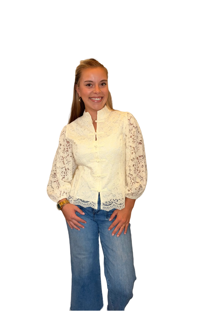 Entro Ivory Floral Lace Blouse with Frog Button Closures