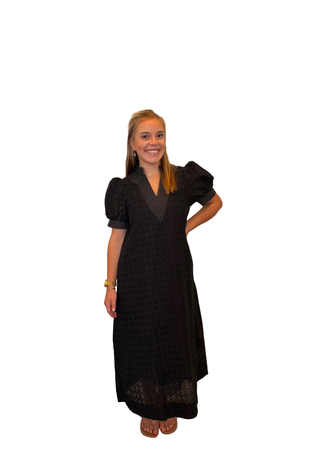 Entro Black Eyelet Midi Dress with Contrast Trim