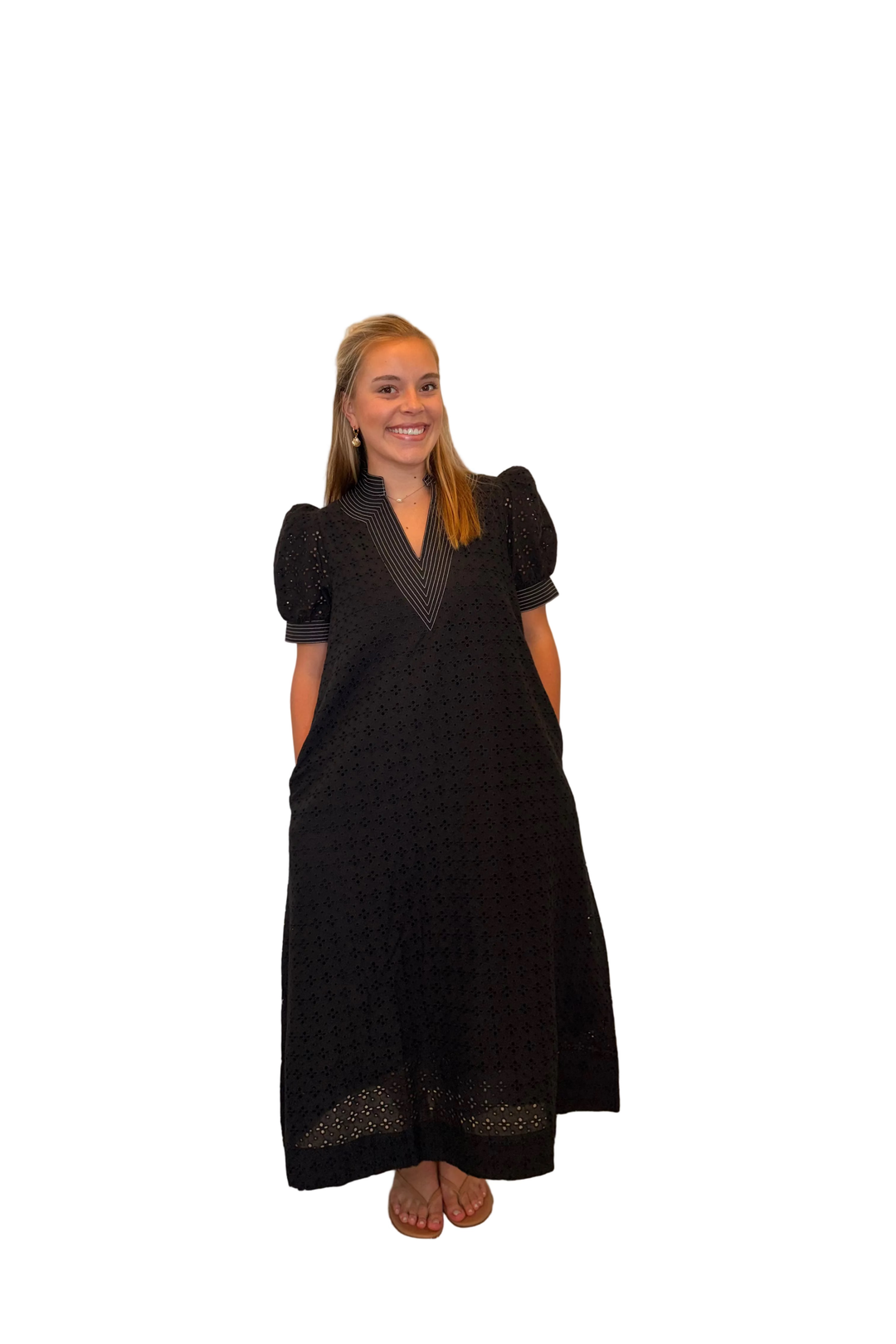 Entro Black Eyelet Midi Dress with Contrast Trim