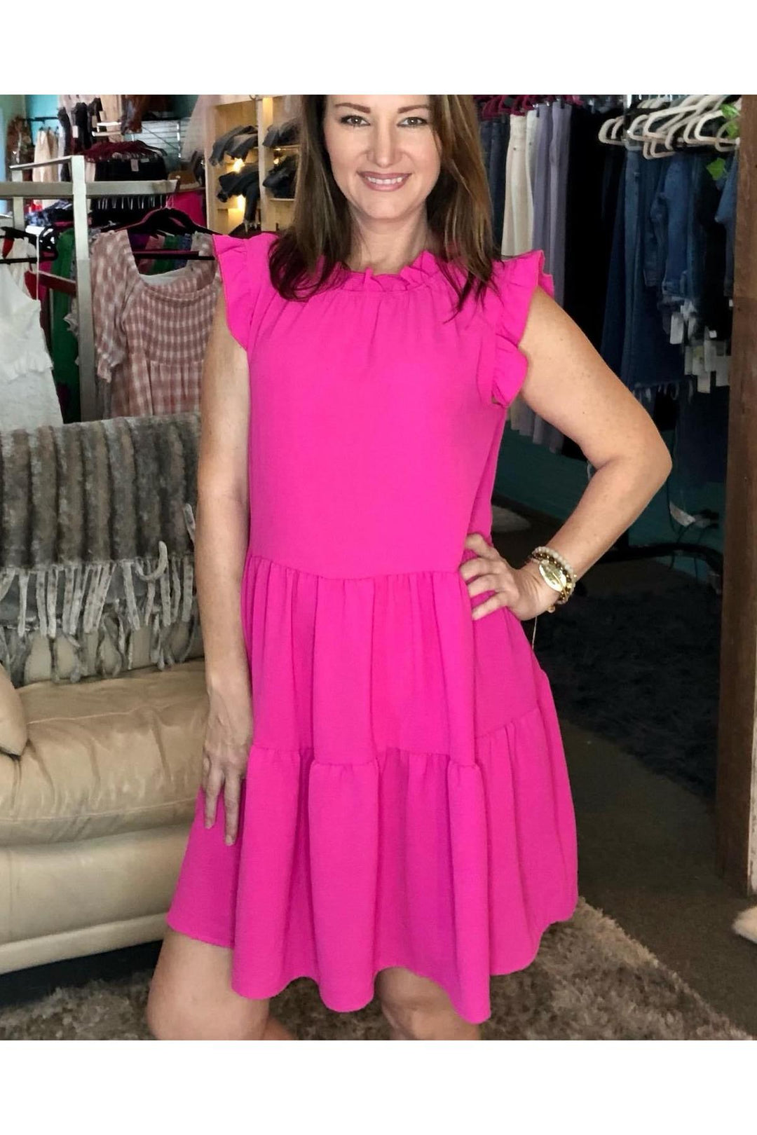 Ultra Pink Tiered Ruffle Sleeveless Dress by First Love - Vintage Dragonfly
