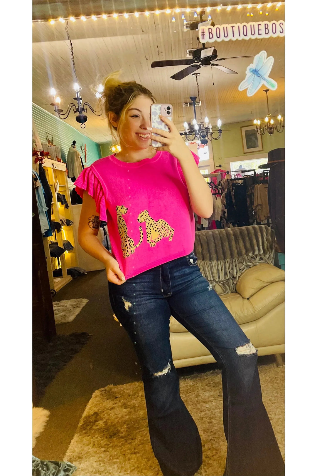 Leopard Flutter Sleeve Sweater - Vintage Dragonfly Boutique