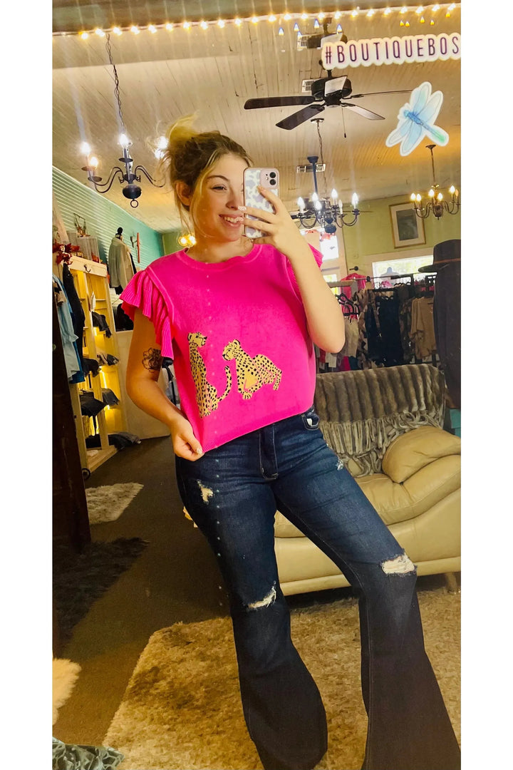 Leopard Flutter Sleeve Sweater - Vintage Dragonfly Boutique