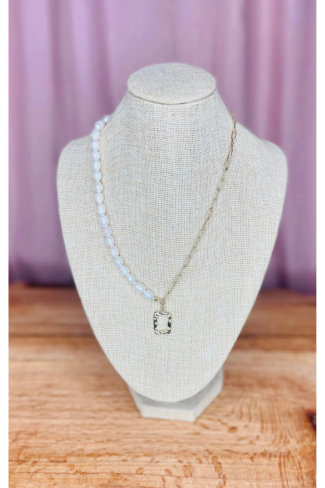 Haute Mess Paperclip and Pearl Necklace with Rectangular Charm - Vintage Dragonfly Boutique