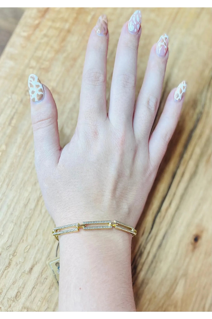 Triple Gold Rectangles encrusted with CZ on a Gold Paperclip Link Bracelet - Vintage Dragonfly Boutique