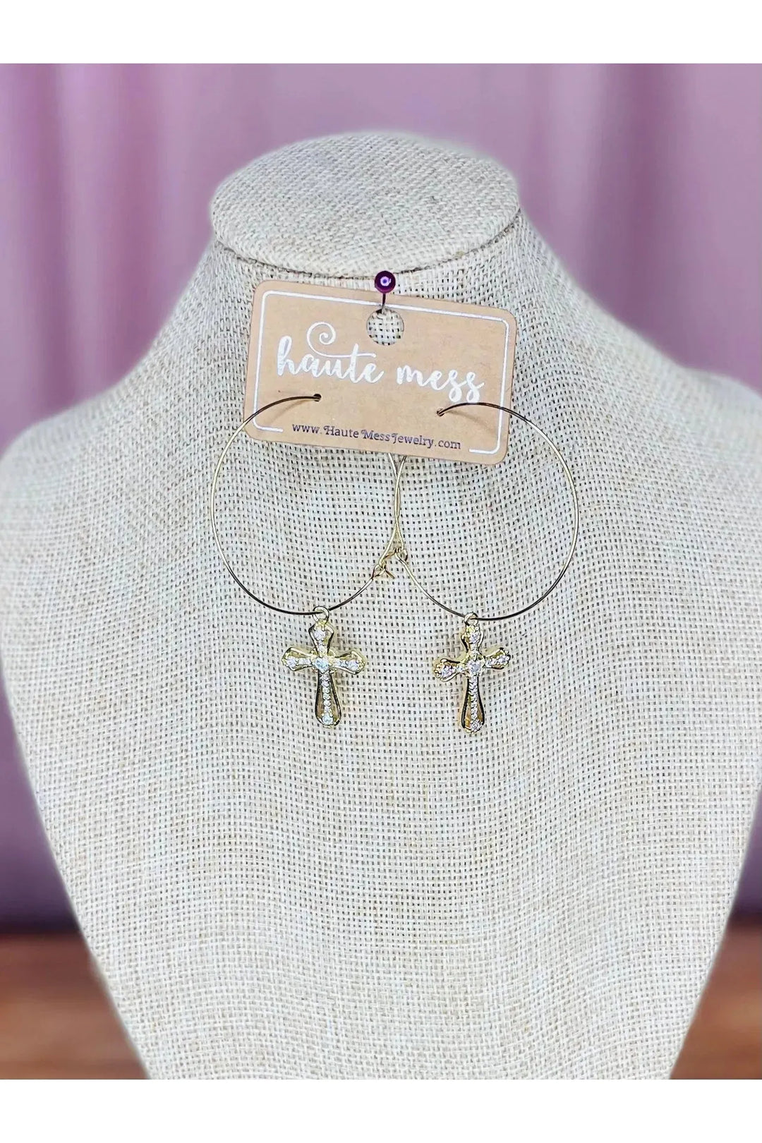 Large Gold Hoop Earrings with Cross Dangle - Vintage Dragonfly Boutique