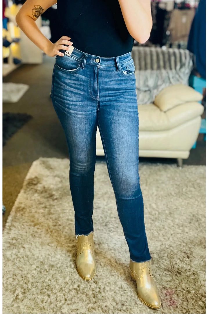 Dark Wash High-Rise Side Slit Skinny Jeans - Vintage Dragonfly Boutique