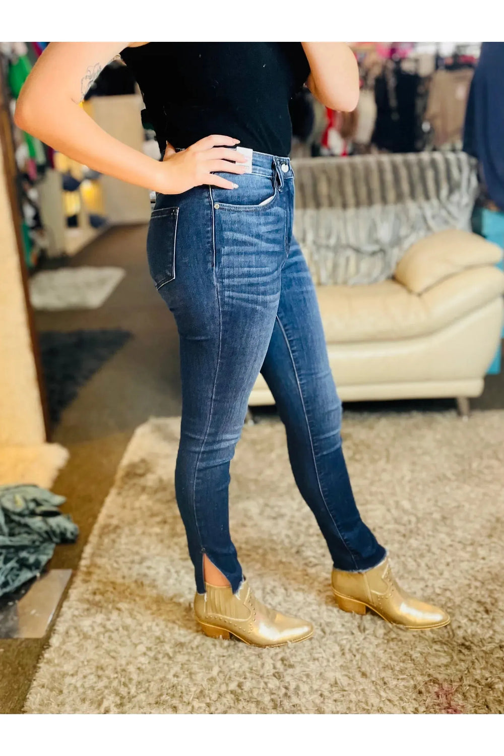 Dark Wash High-Rise Side Slit Skinny Jeans - Vintage Dragonfly Boutique