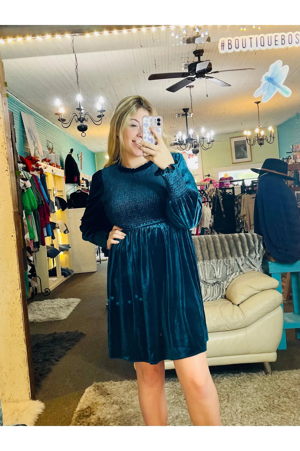 Teal Velvet Long Sleeve  Dress - Vintage Dragonfly Boutique