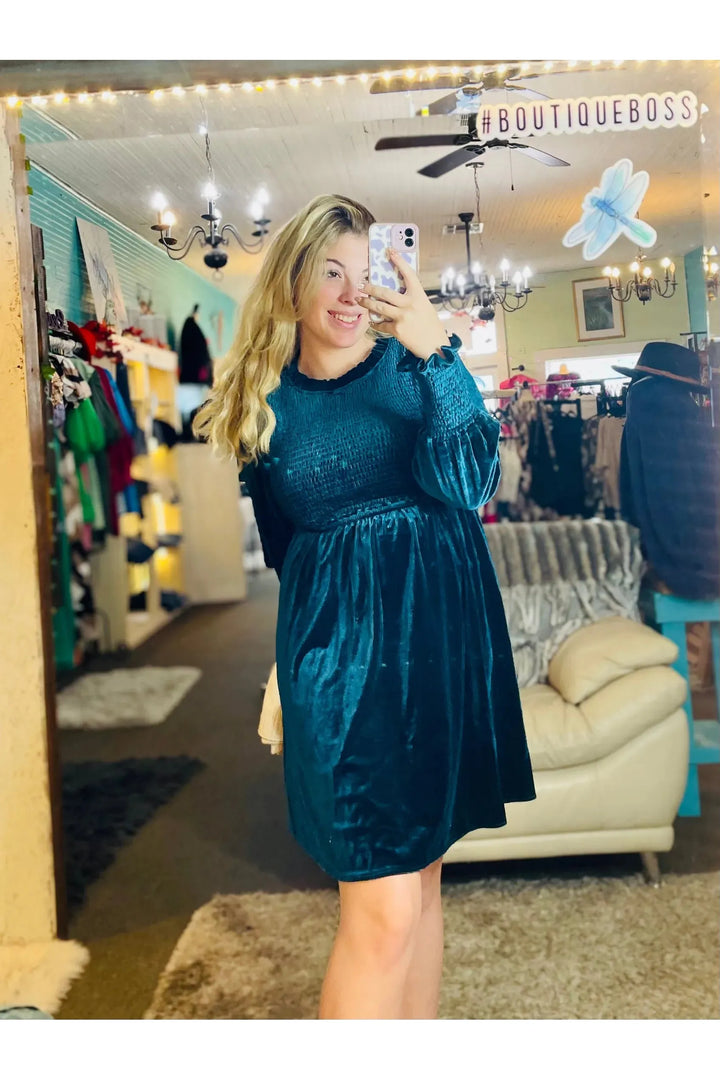 Teal Velvet Long Sleeve  Dress - Vintage Dragonfly Boutique