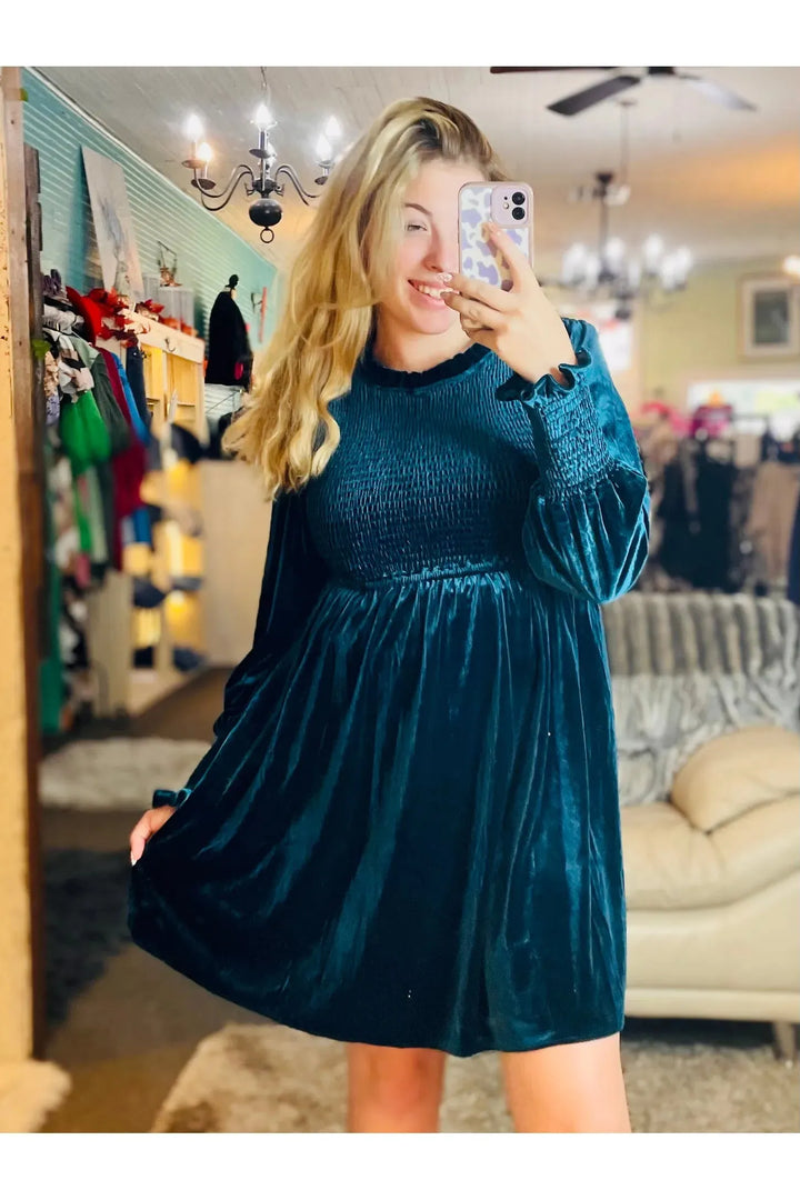 Teal Velvet Long Sleeve  Dress - Vintage Dragonfly Boutique