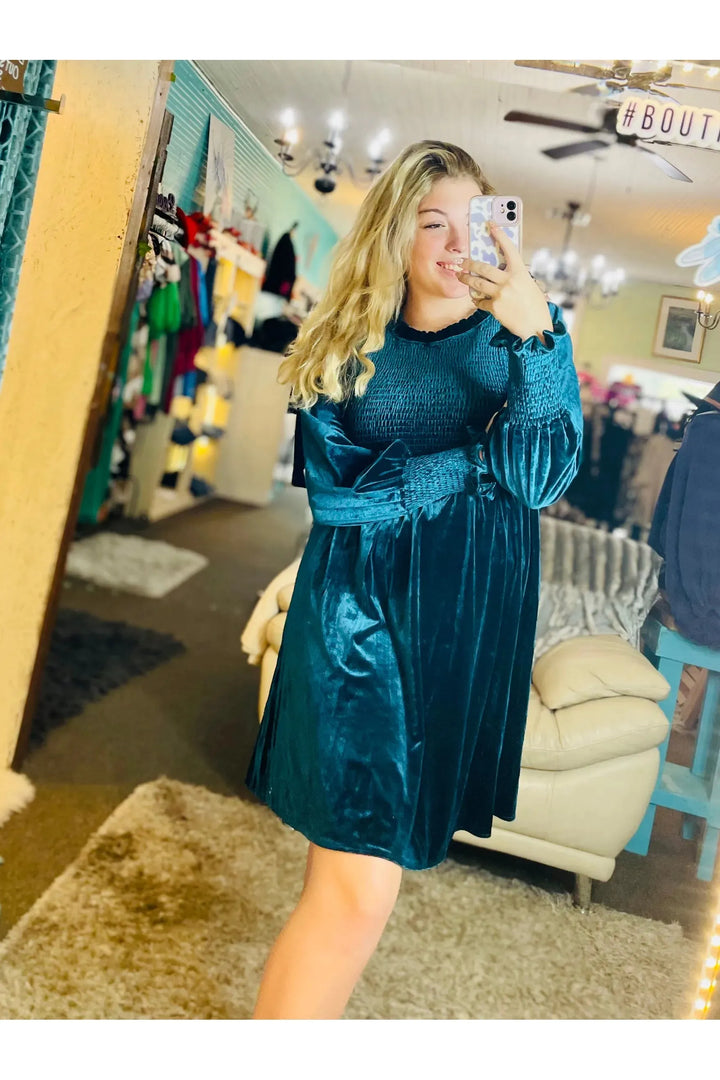 Teal Velvet Long Sleeve  Dress - Vintage Dragonfly Boutique
