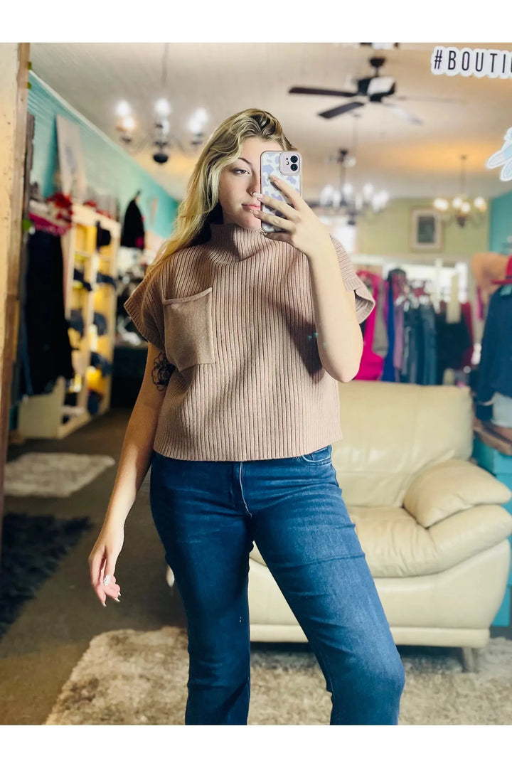 Tan Short Sleeve Sweater Top - Vintage Dragonfly Boutique