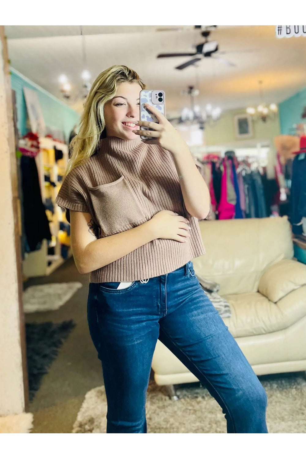Tan Short Sleeve Sweater Top - Vintage Dragonfly Boutique